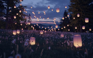 Obraz premium Twilight Meadow Illuminated by Floating Lanterns Against a Dusk Sky