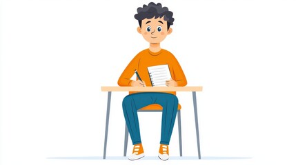 Fototapeta premium Young Student with Curly Hair Sitting at a Desk and Writing in a Notebook
