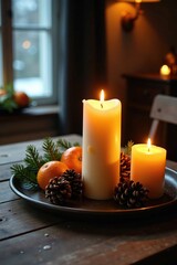 Warm candlelight glows over a tray of oranges and pinecones on a reclaimed wooden table, candlelight, winter