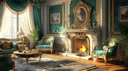 Obraz premium A royal and elegant living room design featuring a vintage fireplace, ornate decor, and cozy seating.