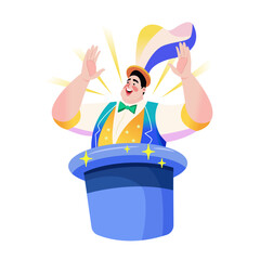A flat illustration of magician come out from the hat 

