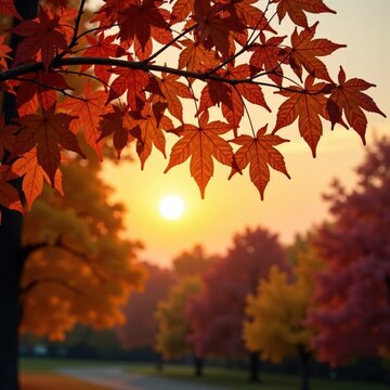 Warmly lit maple tree branches against the backdrop of a sunset, scenery, light, brown