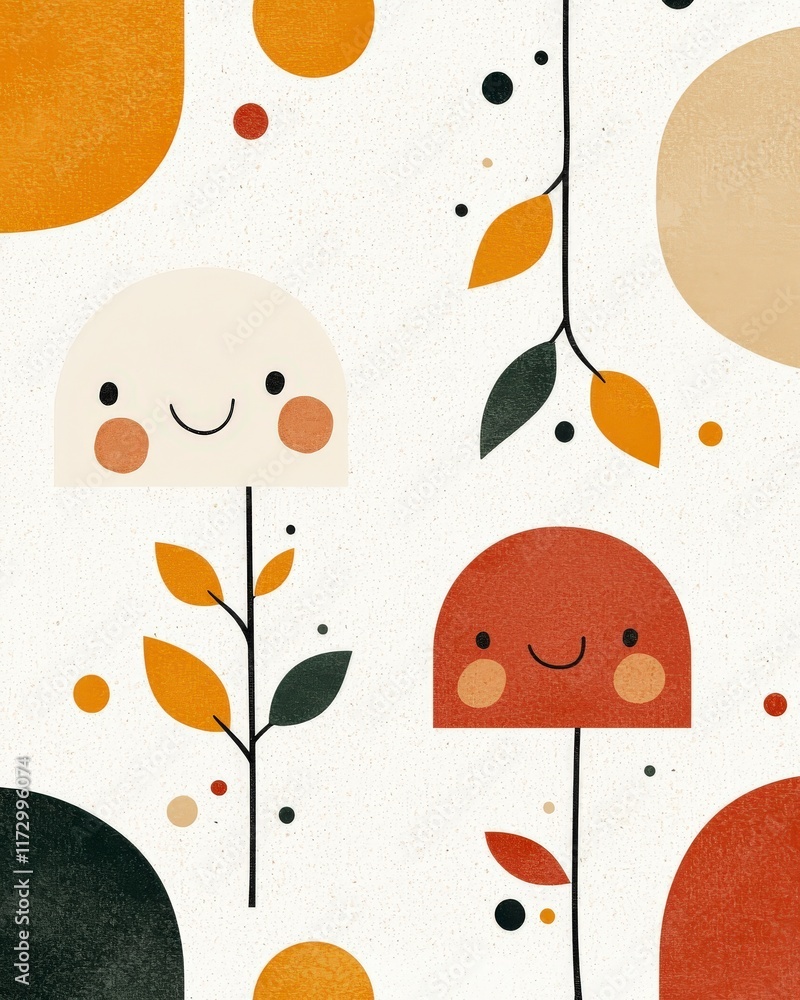 Poster whimsical floral pattern with smiling characters and autumn colors on light background