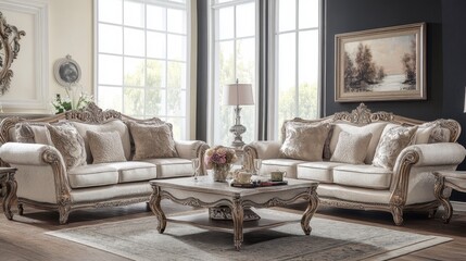 A royal and elegant living room setup with intricate furniture, a warm color palette, and timeless decor.