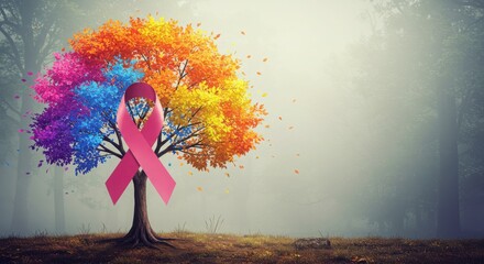 Tree of Hope: A Tribute to Resilience and Unity,A symbolic image of a cancer ribbon tree, with ribbons as leaves, representing various types of cancer.World Cancer Day