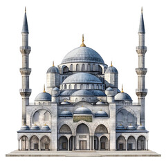 Fototapeta premium Grand Mosque's Architectural Majesty: A detailed, photorealistic depiction of a grand mosque, showcasing intricate architectural details, domes, minarets, and traditional Islamic design elements.