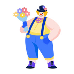 Funny clown holding flower bouquet illustration in flat style 

