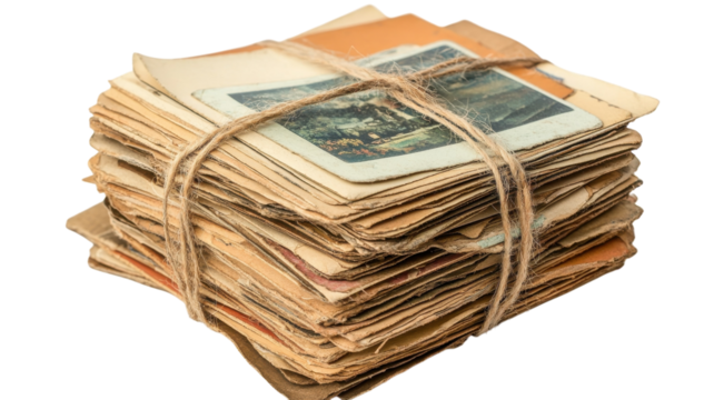 A Stack of Old Postcards Tied with Twine for Vintage Decor and Nostalgic Themes.