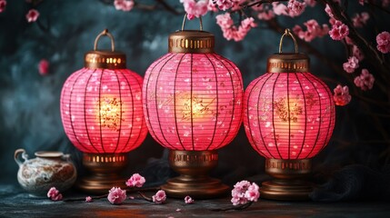 Three pink Chinese lanterns with cherry blossoms.
