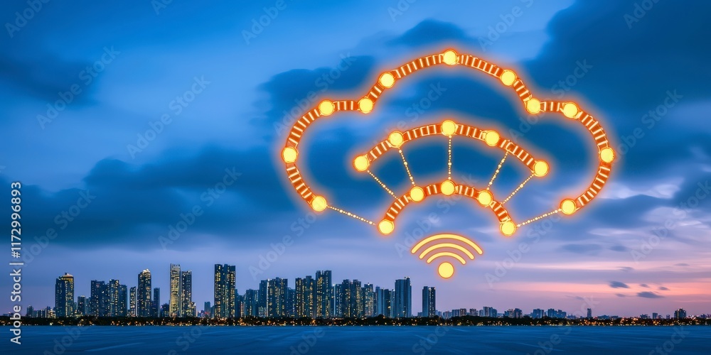 Poster urban skyline at dusk with cloud computing and connectivity concept visualization