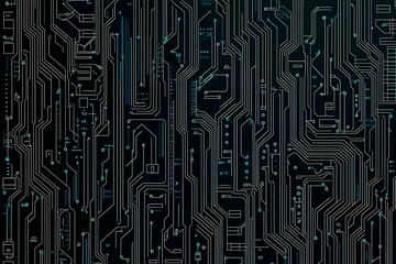 Abstract close-up of a glowing blue digital circuit board, showcasing intricate connections and technological design on a black background.
