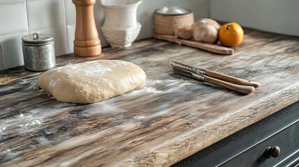 Distressed wooden countertop baking tools and fresh dough ready to be rolled 