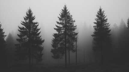 Misty forest with tall evergreen trees in monochrome.
