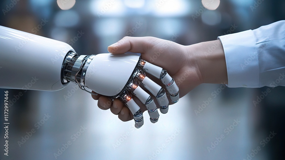 Poster human and robot handshake symbolizing artificial intelligence innovation