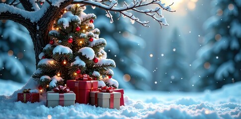 Snowy winter tree with presents under its branches, garland, presents