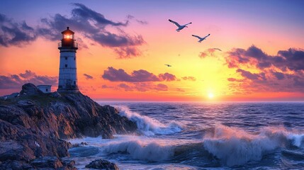 Lighthouse at sunset on a rocky cliff with waves crashing and seagulls soaring