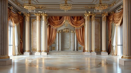 Royal-inspired wedding backdrop with golden pillars and velvet drapes