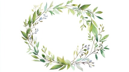 green watercolour floral circular frame with leaves and flowers isolated on white background