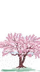 spring background with pink blossom tree and grass.