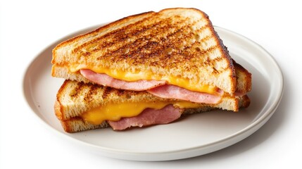 grilled ham and cheese sandwich on plate on a white background