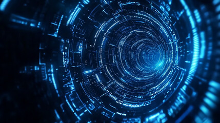 Obraz premium Abstract blue digital tunnel, glowing lines and circles, futuristic technology background.