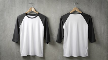 Front back of white and black plain 3-quarter sleeve raglan t-shirt hanging on the wall
