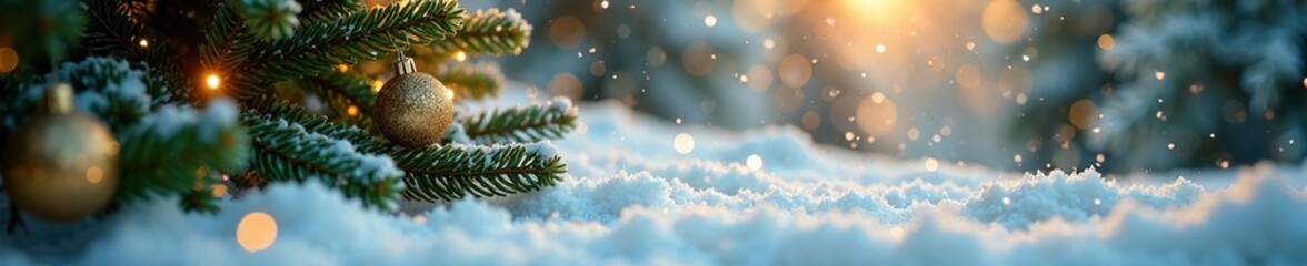 Naklejka premium Sparkling snowflakes gently fall on a bed of evergreen trees with gold and silver decorations, decorations, gold, winter