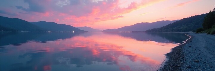 Fototapeta premium A tranquil lake reflects the soft hues of dawn, with ripples gently lapping at its shore, nature, shore, hues