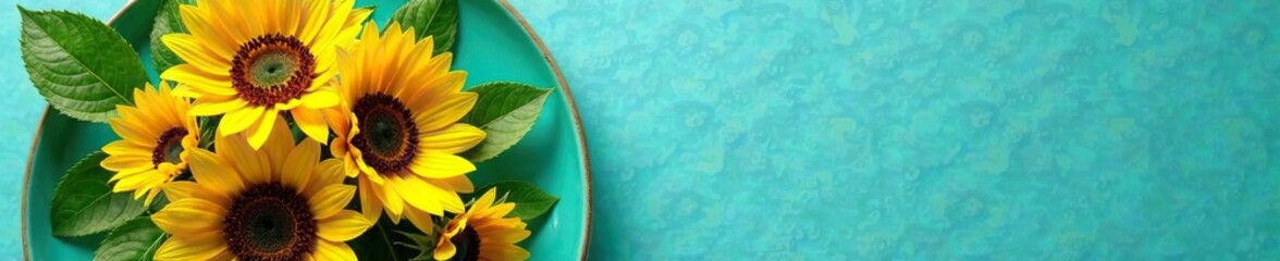 Obraz premium Sunflower arrangement on a large turquoise plate with fresh greenery, greenery, turquoise,
