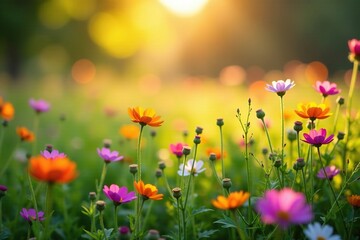 Fototapeta premium Backlit field of colorful wildflowers with delicate shadows, field, wildflowers