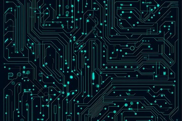 Abstract close-up of a glowing blue digital circuit board, showcasing intricate connections and technological design on a black background.
