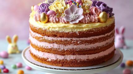 Floral Easter cake on stand with pastel background and bunnies
