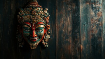 Obraz premium A colorful wooden mask with intricate carvings against a dark wooden background.