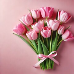 Fototapeta premium Beautiful bouquet of pink tulips arranged elegantly on pastel pink background perfect for celebrations. Generative AI