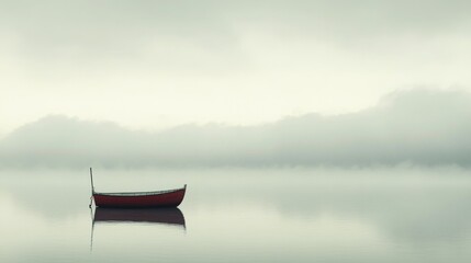 Fototapeta premium Serene red rowboat on calm misty lake.