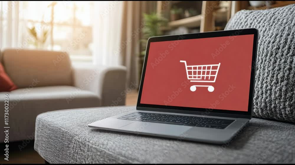 Poster laptop displaying a shopping cart symbol on its screen is placed on a comfortable sofa in a cozy liv