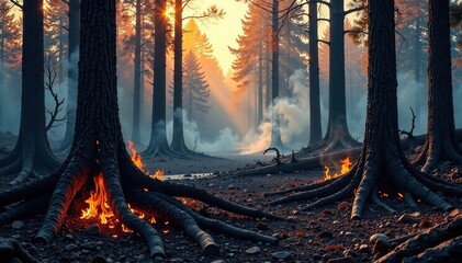 Charred tree trunks and twisted roots amidst ruin, smoke, trees