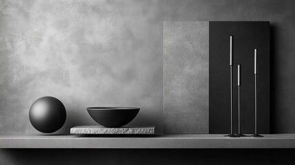 A minimalist arrangement of geometric shapes and objects in monochrome tones.