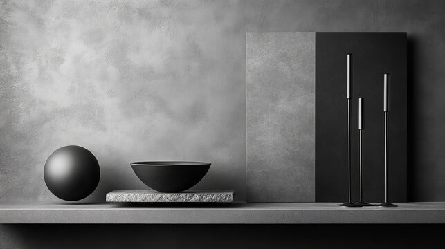A minimalist arrangement of geometric shapes and objects in monochrome tones.