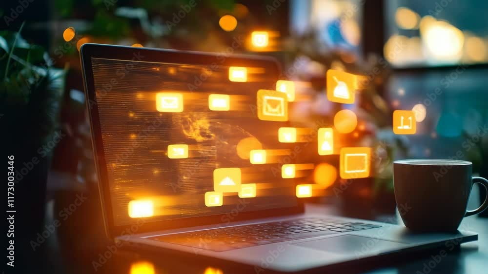 Poster open laptop showcasing social media icons and streaming data, surrounded by a blurred background wit