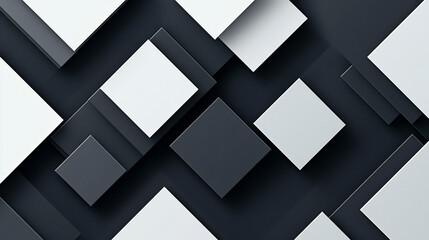 Abstract geometric pattern with overlapping white and dark gray squares on a black background.