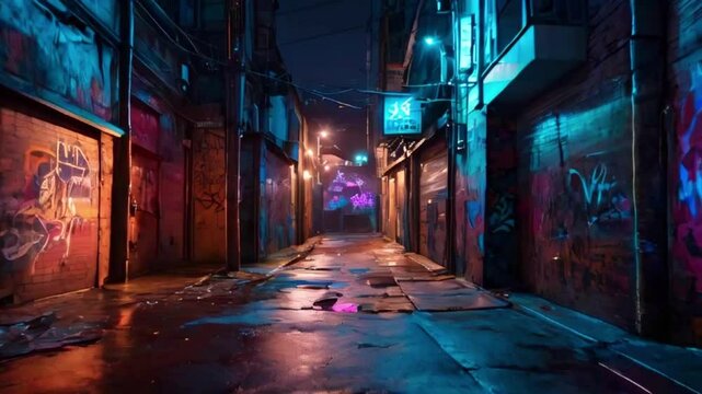 An urban alley graffiti doors, flickering neon signs eerie glows, colorful abstract light trails move fluidly alleyway, 2D anime style, 4k High-Quality background animation video