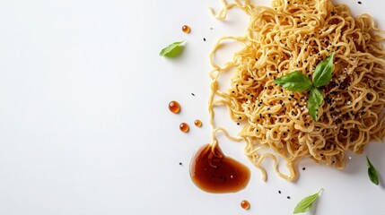 Minimalist display of instant noodles with soy sauce and garnish on white background