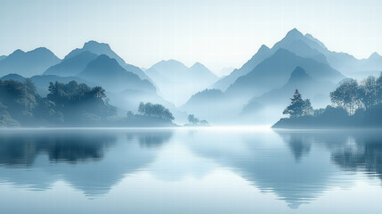 Serene mountain landscape with misty peaks reflecting on calm water