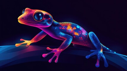 Neon gecko on a branch at night.