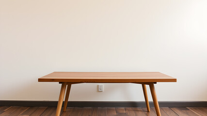 Retro wooden table in front of cream wall. Generative AI