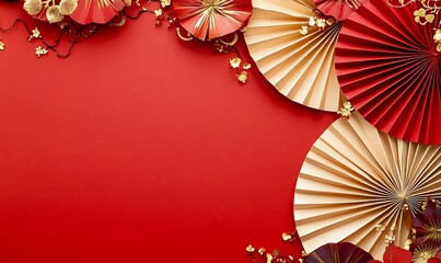 Decorative arrangement of red paper fans and cherry blossoms on a textured background
