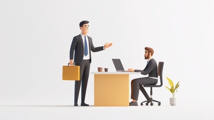 3D Render Business Meeting: Two Cartoon Businessmen Discussing Project Strategy at Office Desk
