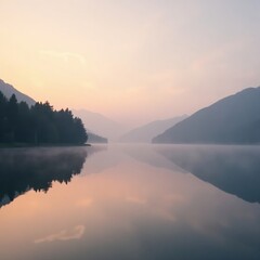 Foggy lake surface reflected in calm morning light, calm, environment