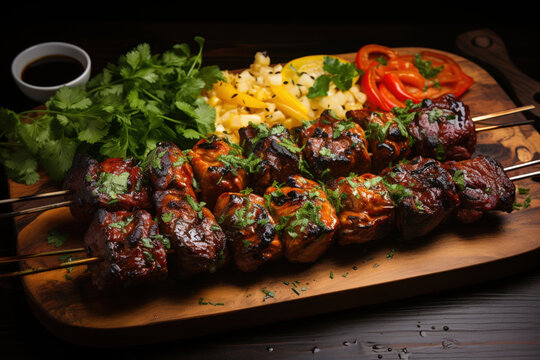 Chinese kebabs on bamboo skewers, top view.   